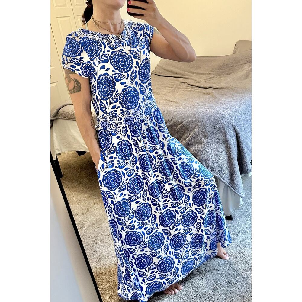 Boden Melanie Jersey Maxi Long Dress Blue White Floral Print Size 10 - Picture 4 of 11